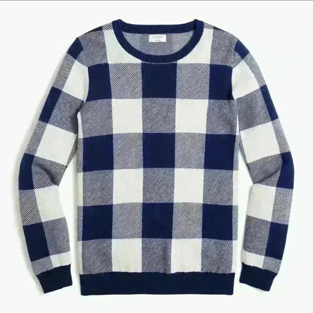 J. Crew Factory Women’s Blue White Small Teddie Check Jacquard Pullover Sweater